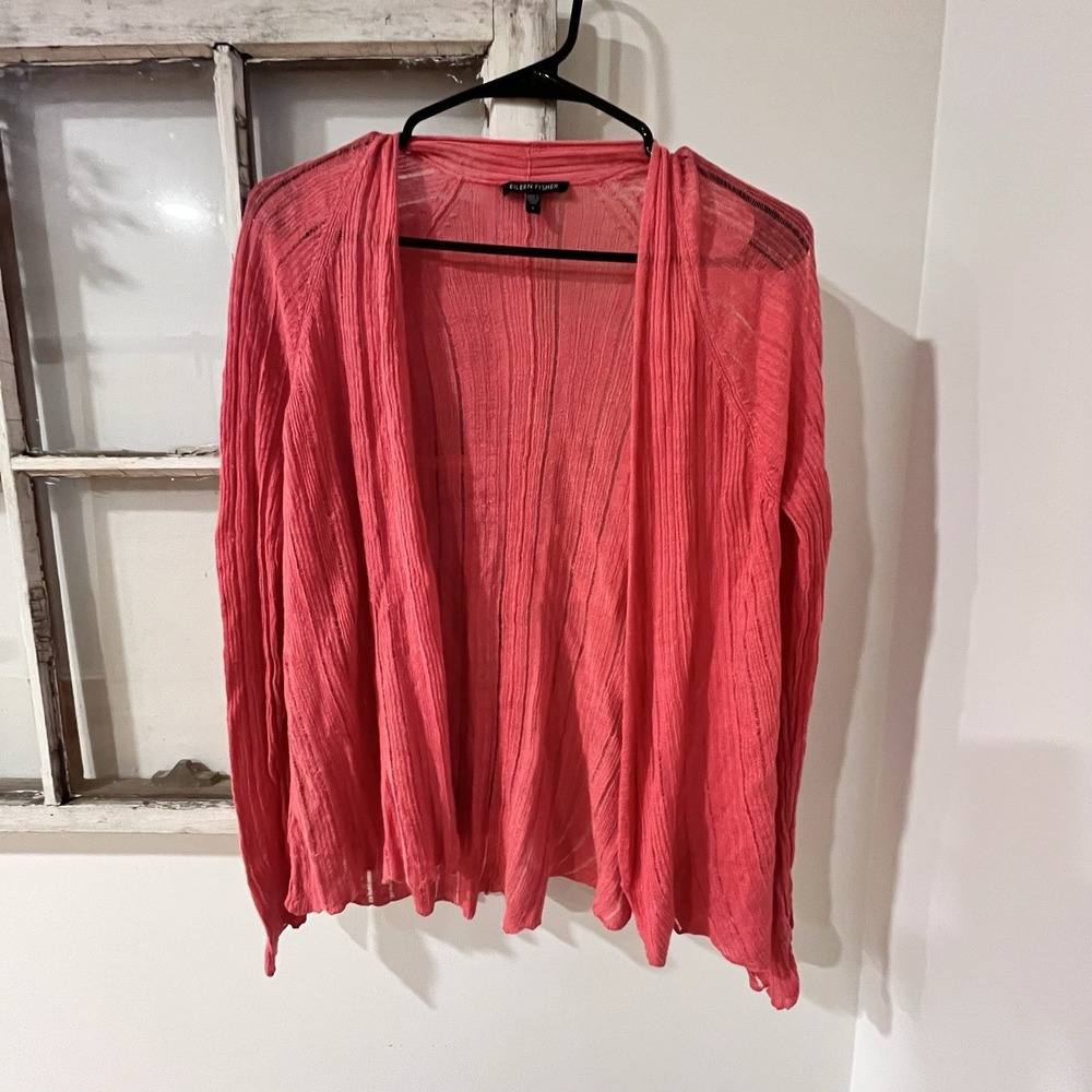 Eileen‎ Fisher Size Small Peony Pink Variegated Linen Silk Angled Cardigan